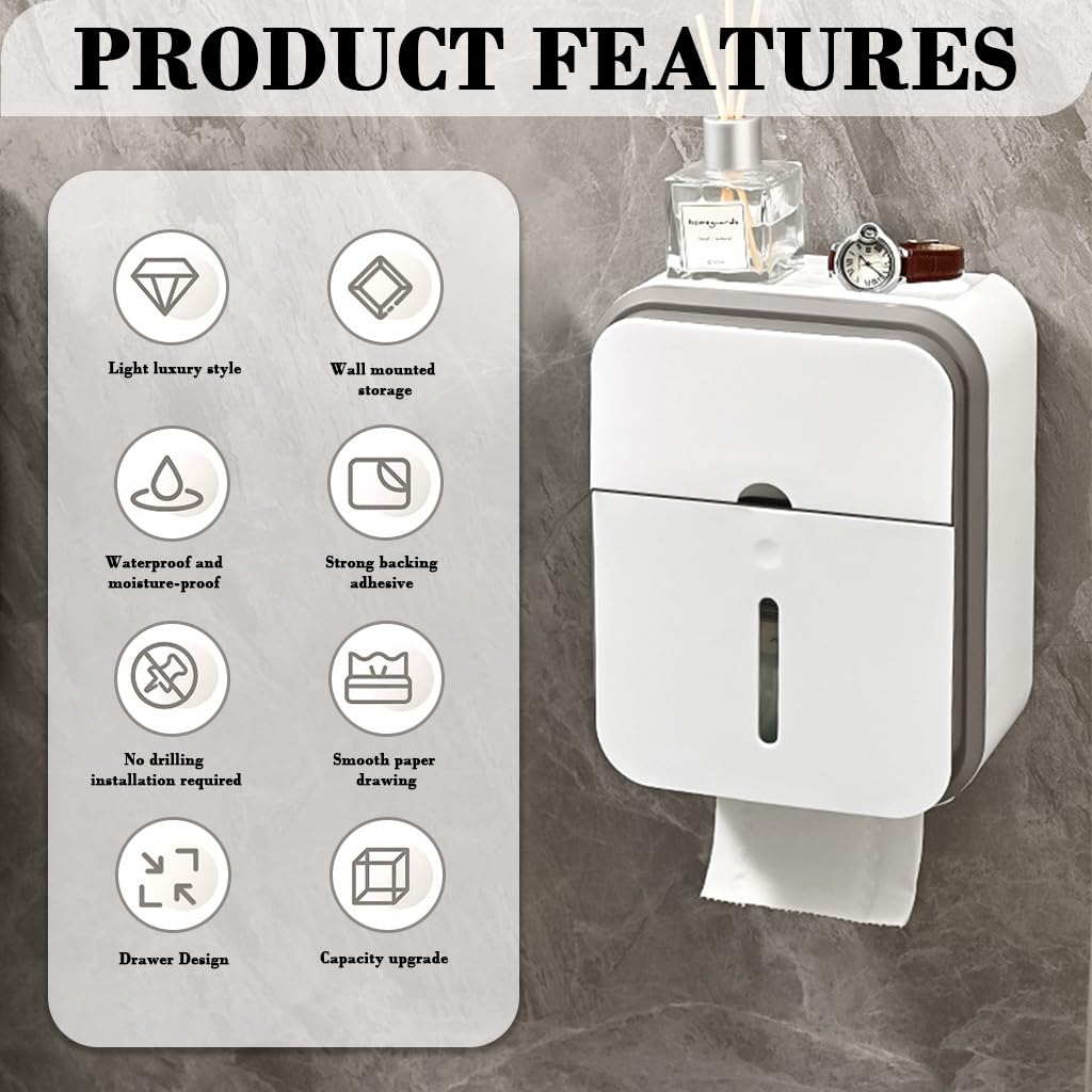 Supvox Toilet Paper Organizer for Bathroom with Double Layer Waterproof Box | No Drill Wall Mounted Dispenser and Sanitary Pad Drawer