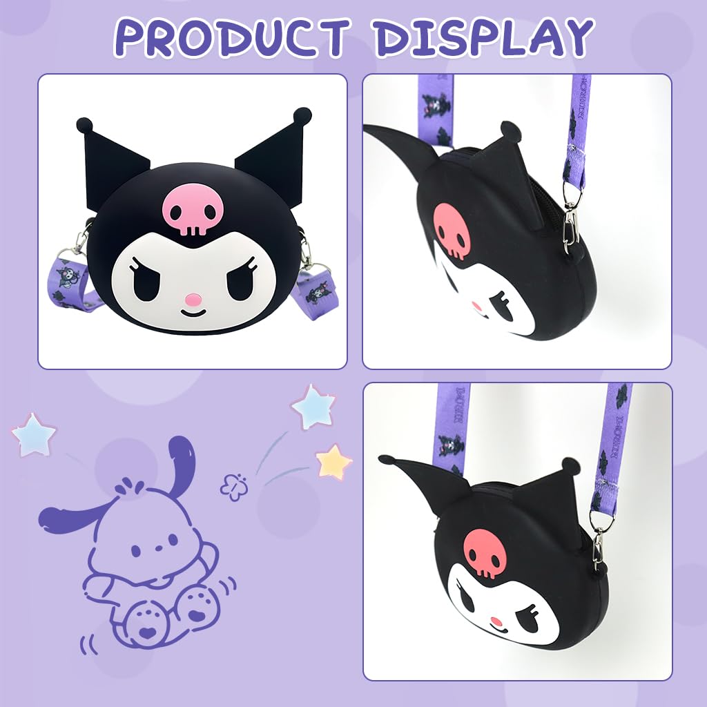 PALAY® Mini Earphone Bag Coin Bag Cartoon Kuromi Mini Coin Bag Silicone Earbud Bag Carry Bag with Detachable Shoulder Strap Cute Mini Coin Bag Mini Purse for Kids, Girls, Gift for Girls