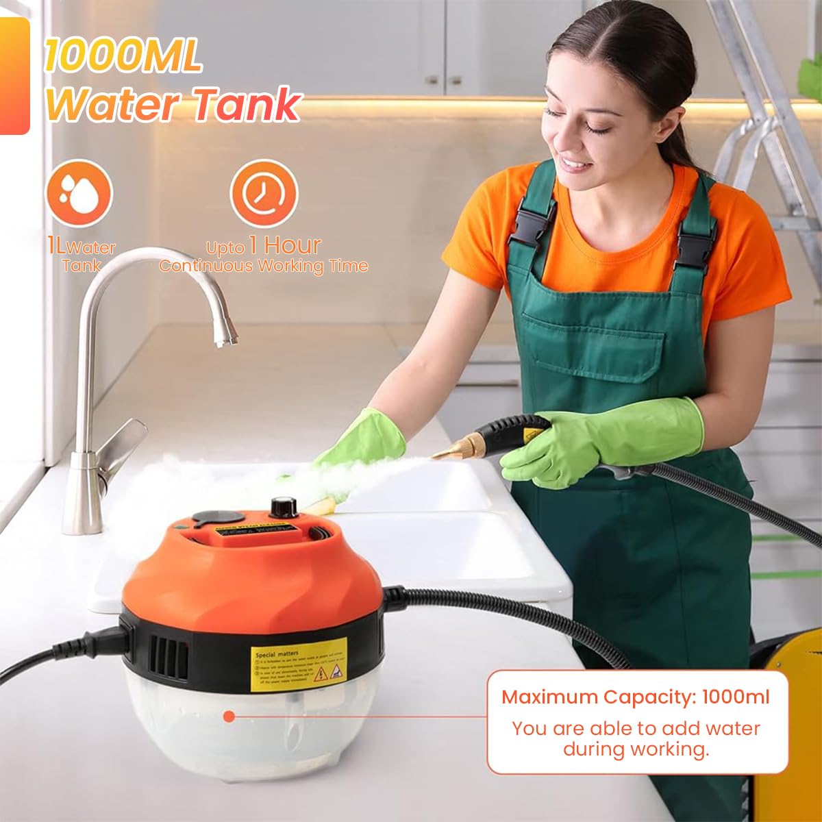 HASTHIP Steam Cleaner for Home and Car Detailing with 2500W Power 1000ml Tank | 3 Brush Attachments and Long Nozzle