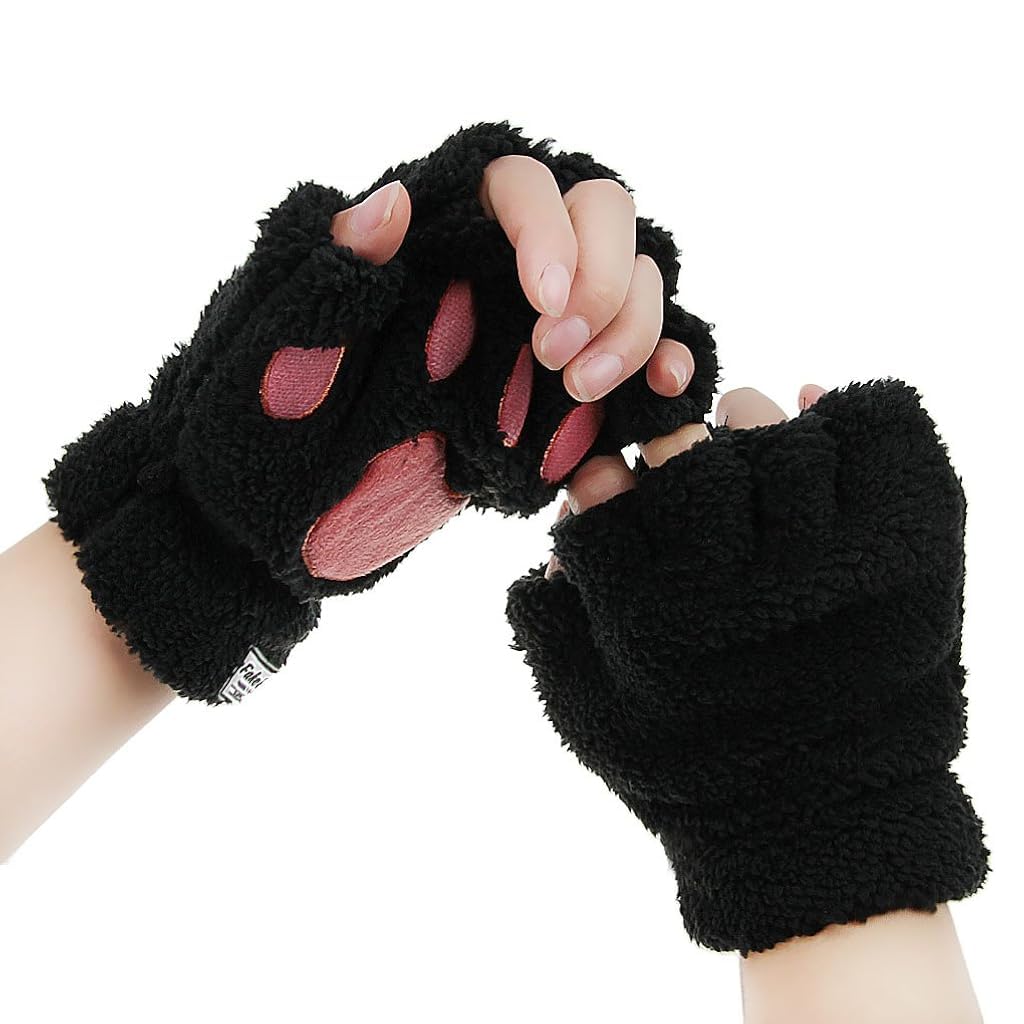 Venzina® Cat Paw Winter Gloves for Women Winter Wear, Warm Plush Hand Gloves for Bike Women Gloves, Cute Fingerless Hand Gloves Cosplay Costumes for Women Girls (Black)