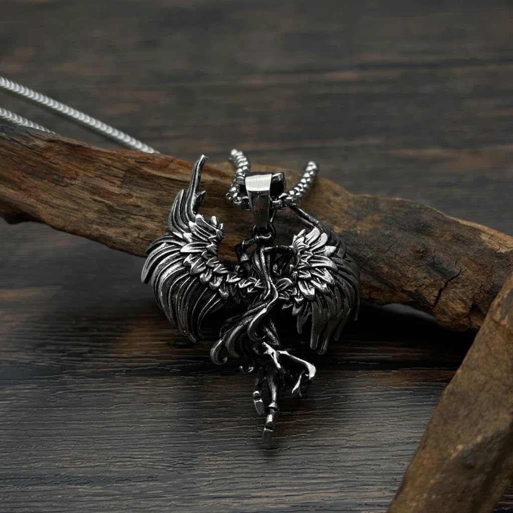 Proberos Guardian Angel Pendant Necklace featuring Winged Dark Angel Design for Men | Titanium Steel Unisex Jewelry