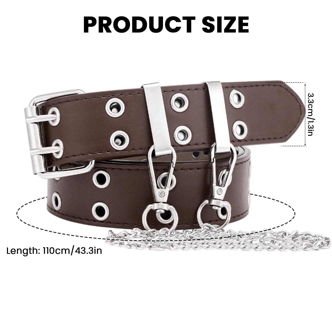 SANNIDHI Belt for Women Dresses with Dual Row Metal Eyelets and Chain Brown PU Leather | Fits Up to 110 cm