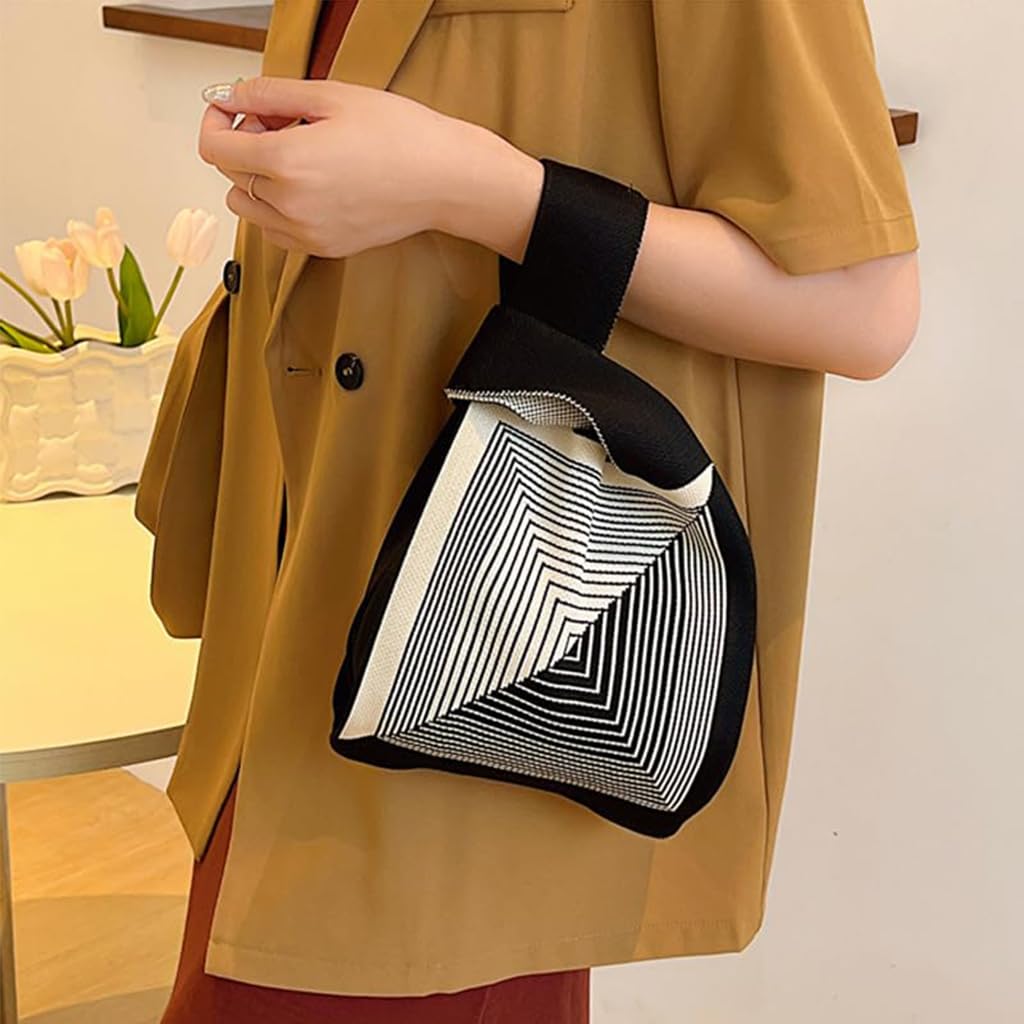 ZIBUYU Fashion Knitting Wrist Handbag Mini Tote Bag Geometric Knitting Pattern Bag Lunch Box Bag Purse Tote Daily Casual Bag