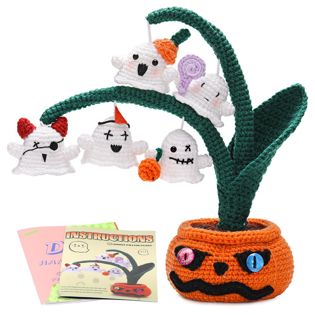 PATPAT® DIY Crochet Craft Kit DIY Halloween Spooky Ghost Pumpkin Tree Desk Decoration Beginners DIY Halloween Crochet Material Kit with Tutorials DIY Halloween Ghost Pumpkin Tree Home Decor