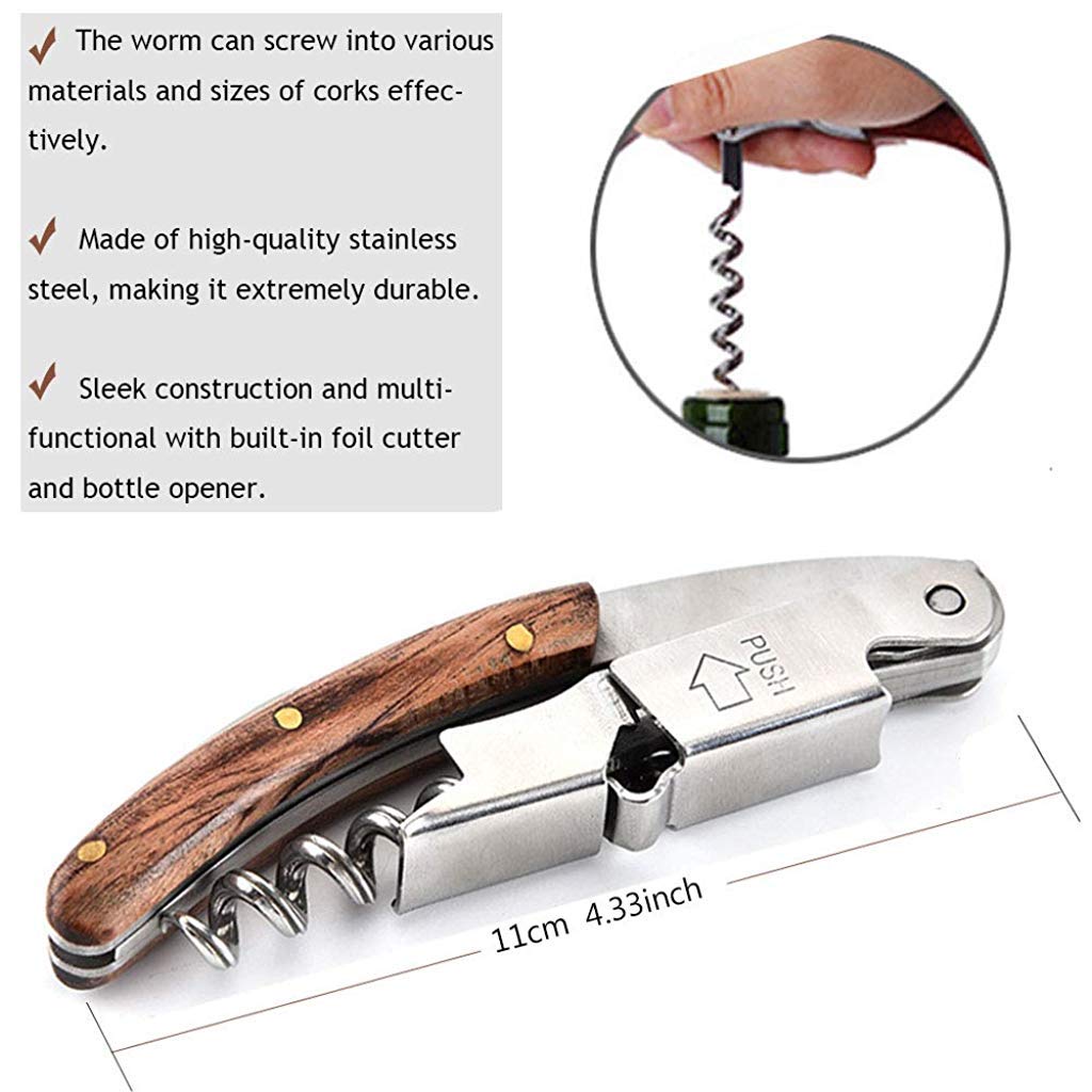 HASTHIP® Professional Waiters Corkscrew Open Beer Wine Bottles Made of Stainless Steel Natural Rosewood 3 PCS
