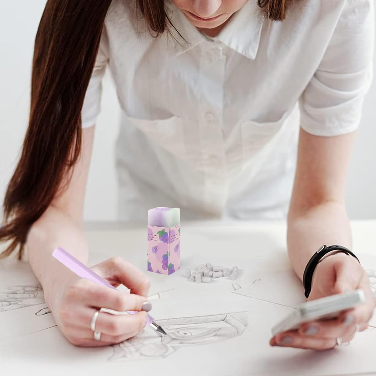 OFIFO Stationery Set for School and Kids with 6 In 1 Ballpoint Pen and Kawaii Purple Design