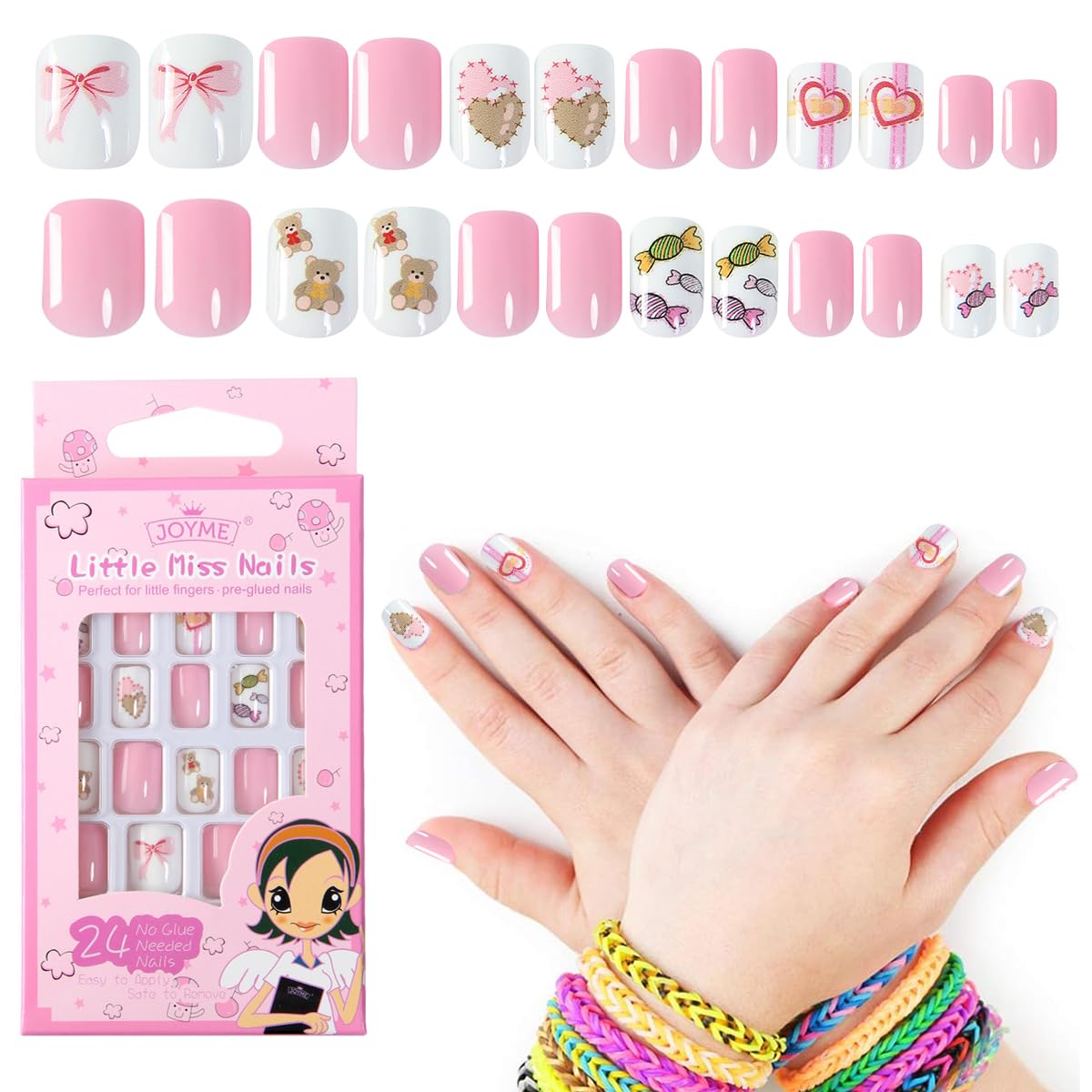 MAYCREATE Kids Press on Nails with Pre Glue Full Cover ABS Tips for Girls | 24pcs Cute Gift Set