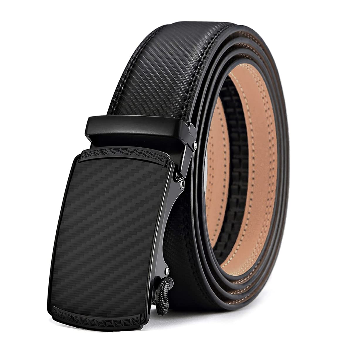 GUSTAVE® Belts for Men Black Slim Leather Belt for Men Fashion Texture Slide Waist Belt Automatic Buckle Belt for Formal or Casual - 130cm Length, Free Adjustable, No Belt Hole