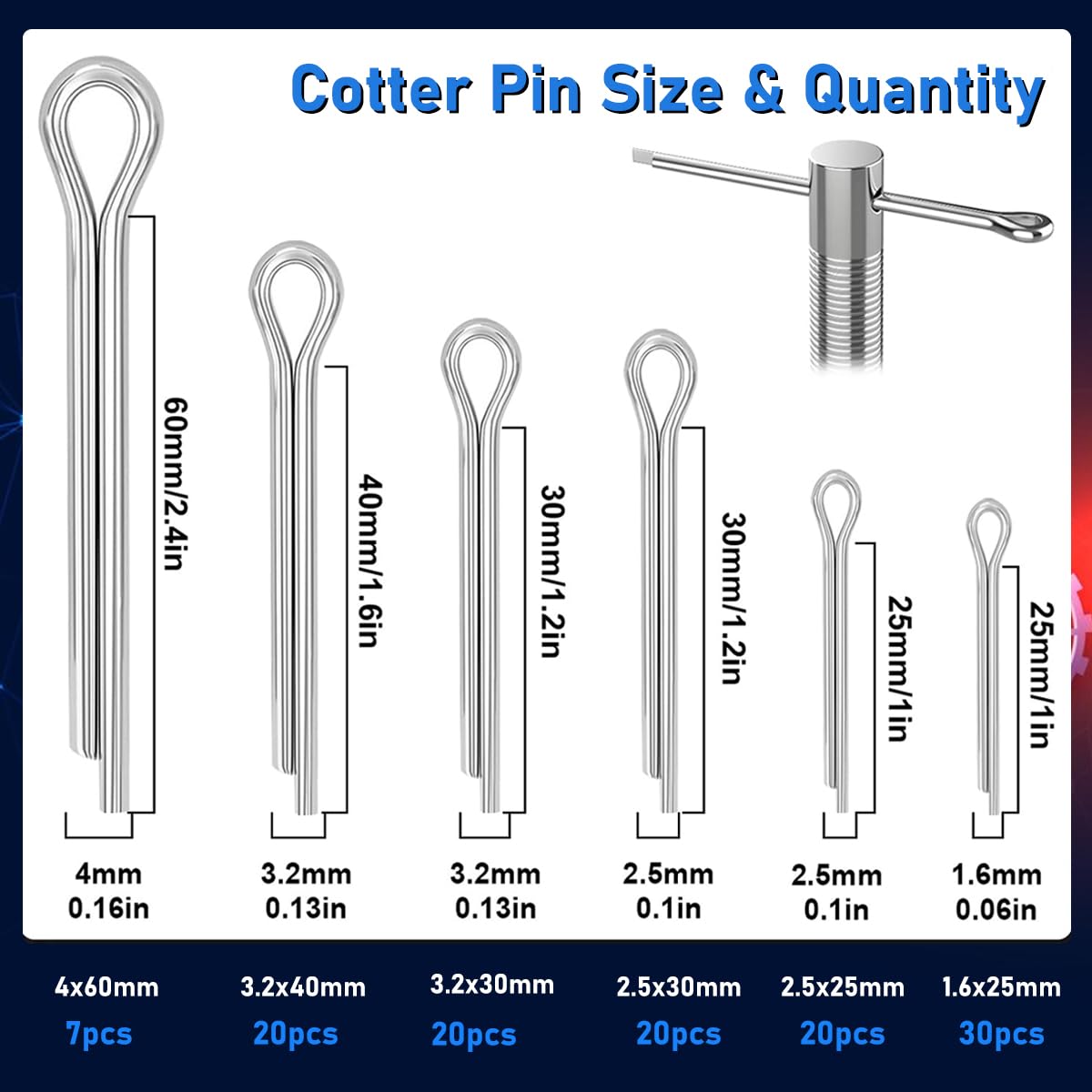 Serplex® 204 Pcs 13-Size Cotter Pin Assortment Kit - 304 Stainless Steel for Trucks & Engines - Durable, Strong, Smooth Surface Hitch Clip for Secure Fastening in Cars, Tractors & More