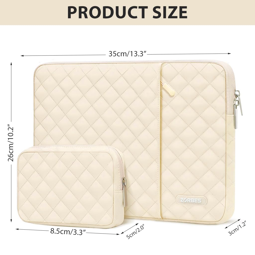 ZORBES Laptop Bag Set for Travel with Dual Zipper Compartment and Waterproof Quilted Design | Beige 13 in Sleeve and SSD Pouch