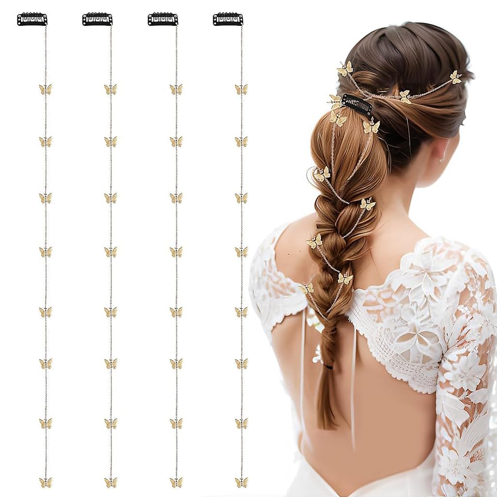 PALAY® 4Pcs Butterfly Hair Chains Bling Tassel Hair Clips Chains for Braids Stylish 20.5 Inch Golden Bride Clip in Hair Tinsel Hair Accessories for Women Girls Party Wedding