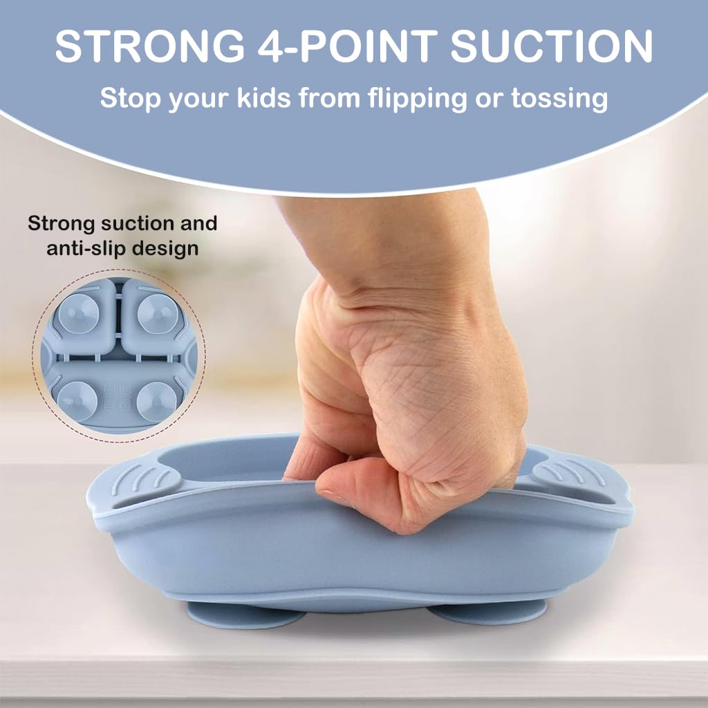 SNOWIE SOFT Baby Suction Plates for Baby Feeding with 4 Strong Suction Cups, Silicone Toddler Plates with Spoon & Fork for Kids to Feed Themselves, Dish Washer & Micro-Wave Oven Safe