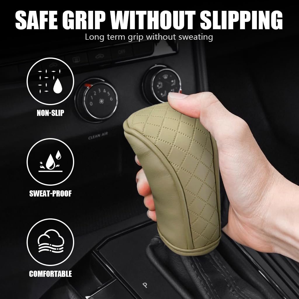 STHIRA Car Gear Knob Cover for Smooth Grip and Universal Fit with Beige PU Leather | Protects Against Scratches