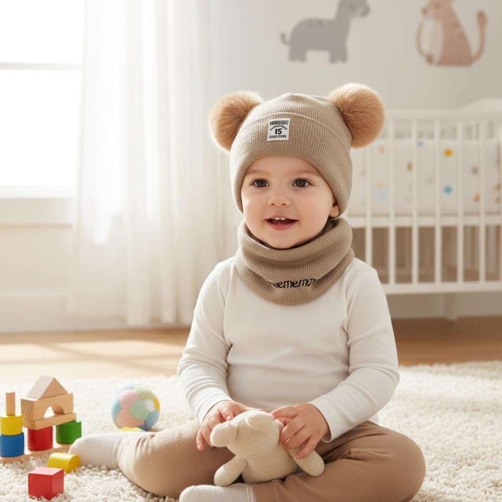 Zibuyu Knitted Baby Deer Antler Hat for Photography and Winter Wear with Chin Strap | Soft Wool Beret for Girls 3–24 Months Brown