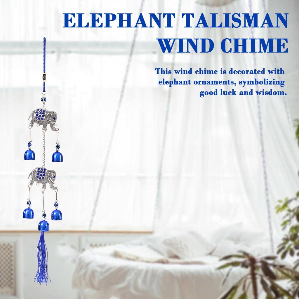 HASTHIP Elephant Wind Chimes for Balcony with 5 Blue Metal Bells | Good Luck Home Decor