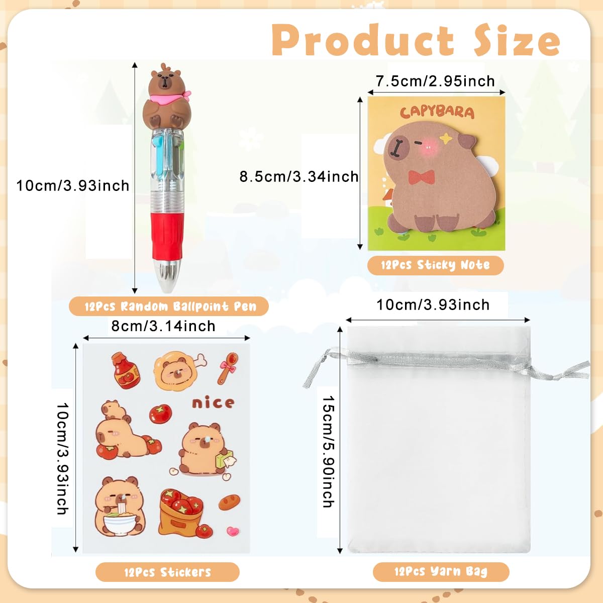 Climberty Cartoon Student Stationery Gift Kit with Pens Sticky Notes & Stickers for School | Cute Capybara Set in Sheer Drawstring Bag