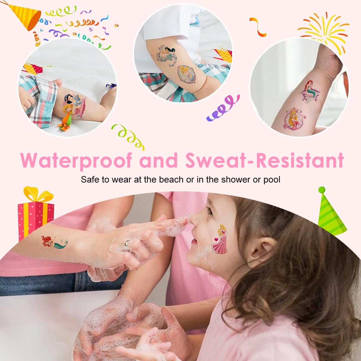 ZIBUYU Temporary Tattoos for Kids with Dreamy Mermaid Princess Theme 20 Sheets Waterproof | Fun Party Stickers