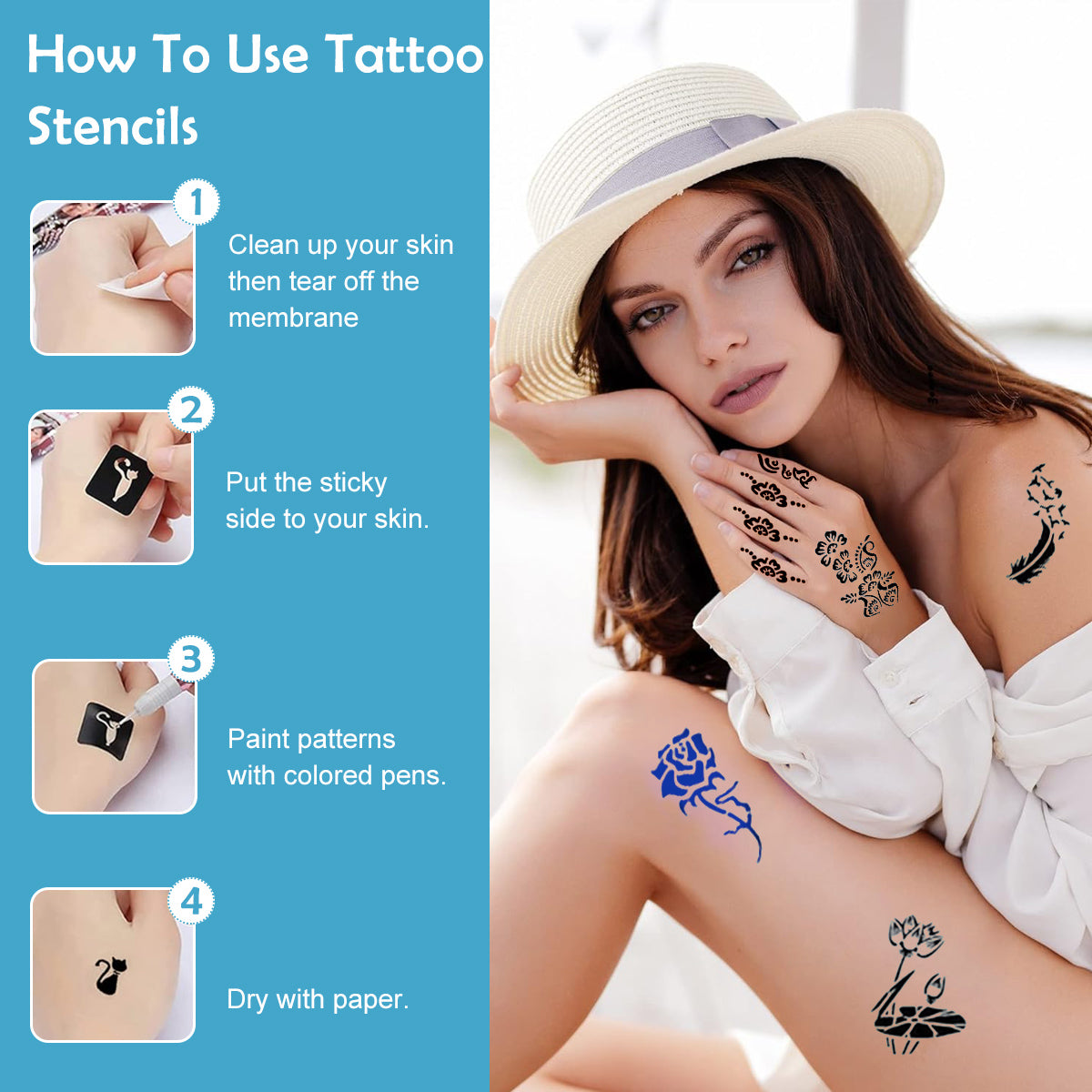 MAYCREATE 14 Sheets Henna Tattoo Mehendi Stencil Stickers Airbrush Flower Mehndi Stickers For Hands Arabic Temporary Tattoo for Women Girls Mehndi Sticker for Hands, Face, Arms, Body