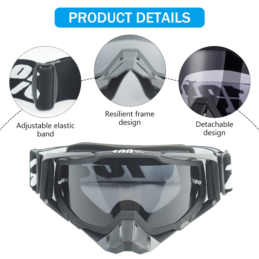 Proberos® Motorcycle Goggles Fashion Grey Motorcycle Goggles Large Riding Goggles UV Protection Windproof Riding Goggles Adjustable Headband Unisex Ridding Goggles