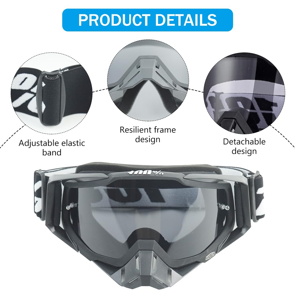 PROBEROS Motorcycle Goggles for Dirt Bike Riding with UV Protection and Anti Fog | 3 PCS Adjustable Black Set
