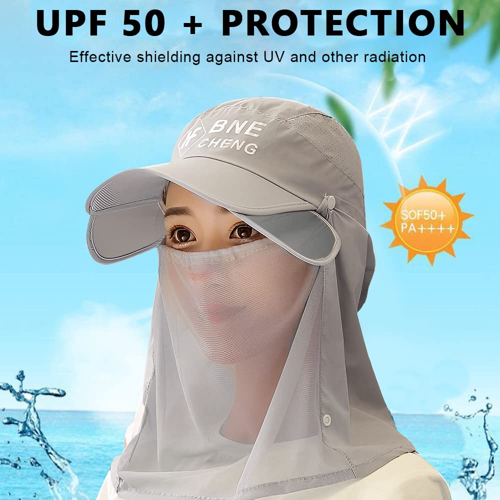 PALAY® Sun Hat for Women Wide Brim Sun Cap with Removable Face Neck Cover Flap, Breathable Sun Protection Visor Hats for Beach Fishing - Grey