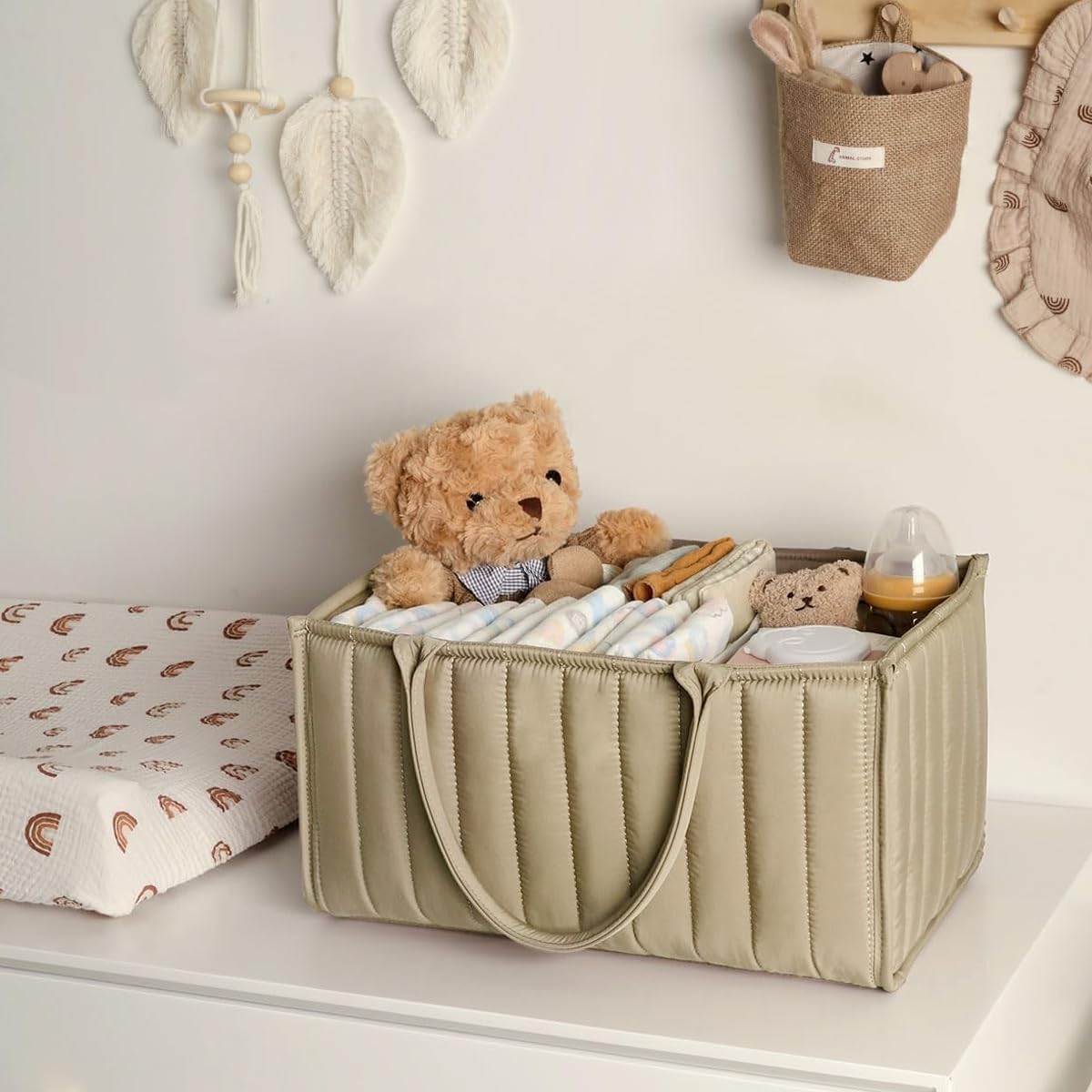 SNOWIE SOFT Baby Diaper Caddy with 3 Compartments 38x25x17cm in Beige for Nursery Organization