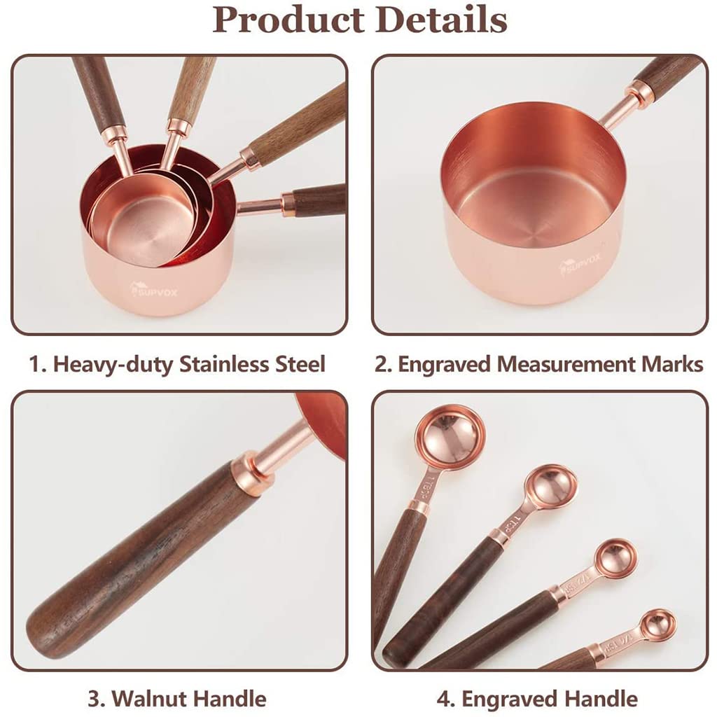 Supvox® 8Pcs Measuring Cups and Spoons Set, Stainless Steel Measuring Cup with Wood Handle, Rose Gold Polished Finish, 60ml/80ml/125ml/250ml/1.25ml/2.5ml/5ml/15ml, for Cooking and Baking