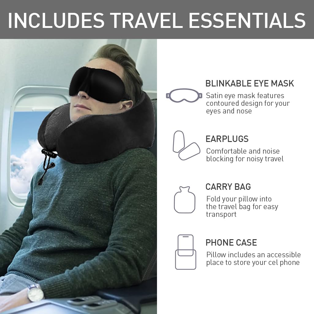 ZIBUYU Memory Foam Neck Pillow Set U-shape Neck Pillow Airplane Travel Sleeping Neck Pillow Set with with Eye Mask, Ear Plugs & Storage Bag