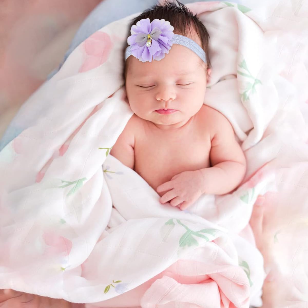 SNOWIE SOFT Hair Bands for Baby Girls 0–2 Years with 14.9–20.4 in Stretch | Soft Purple Flower Bows