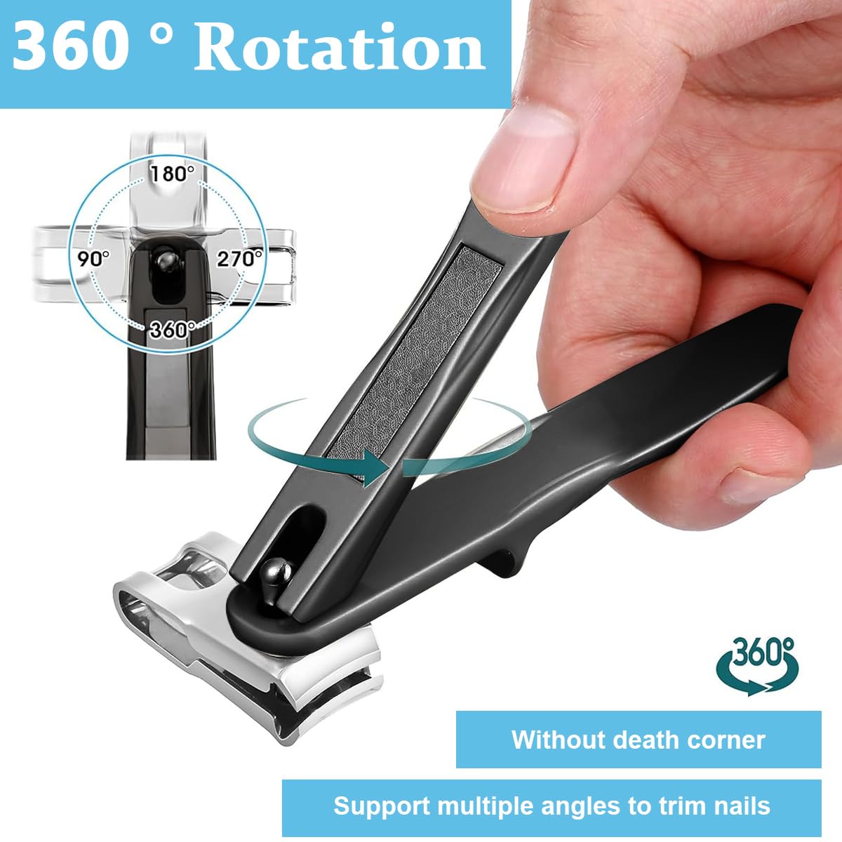 MAYCREATE Nail Clipper with 360° Rotatable Head and Long Handle Stainless Steel Cutter | Built in Nail File and PU Sleeve