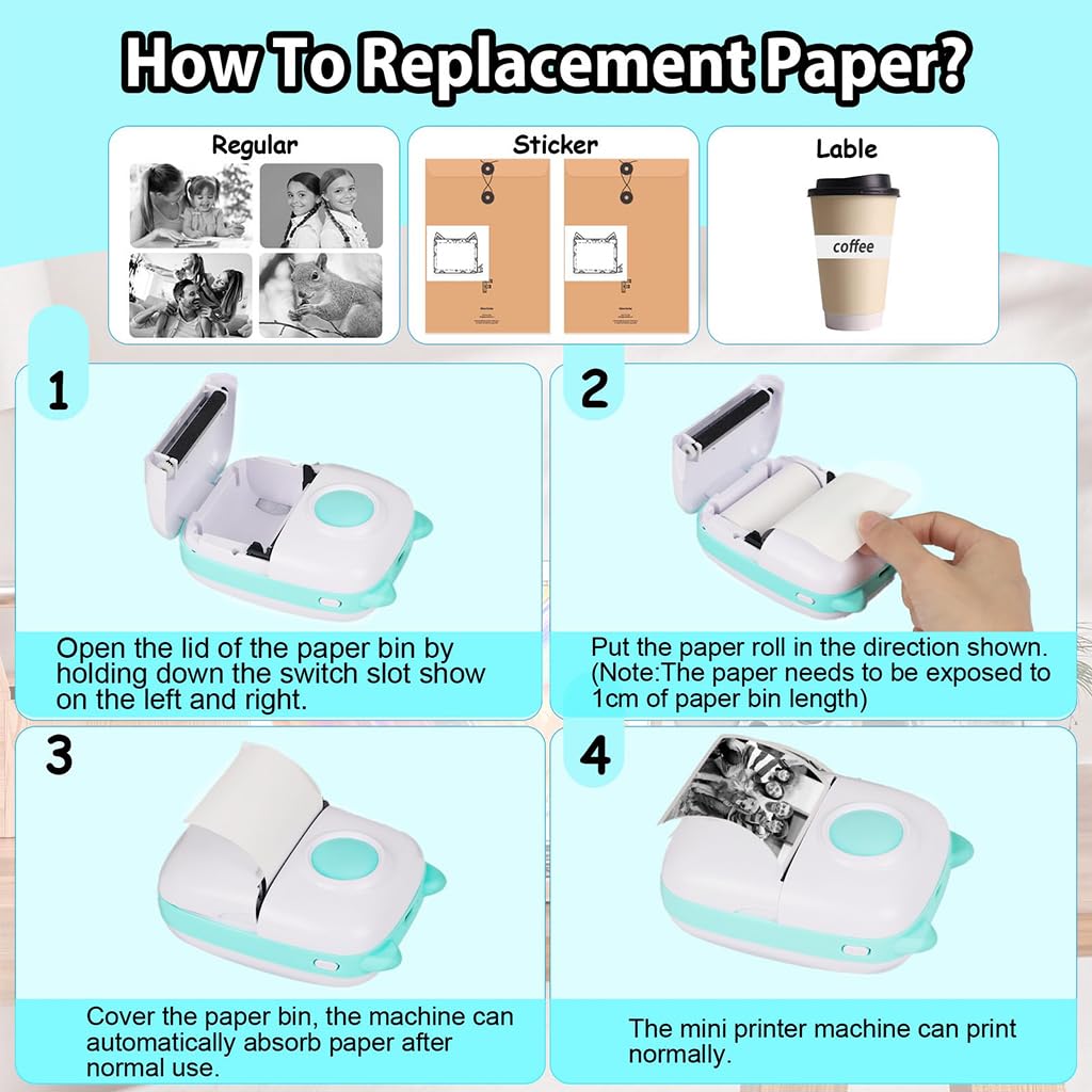 ZEITEL Mini Bluetooth Thermal Printer for Android and iOS with 15 Paper Rolls and 200DPI | Ink‑Free Portable Label Maker in Pink