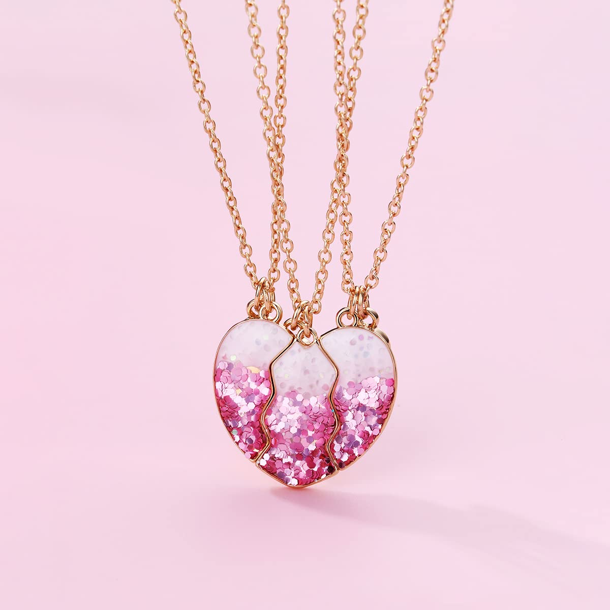 HASTHIP Best Friend Necklace for Girls featuring Trio Heart Pendants with Pink Sequin Design
