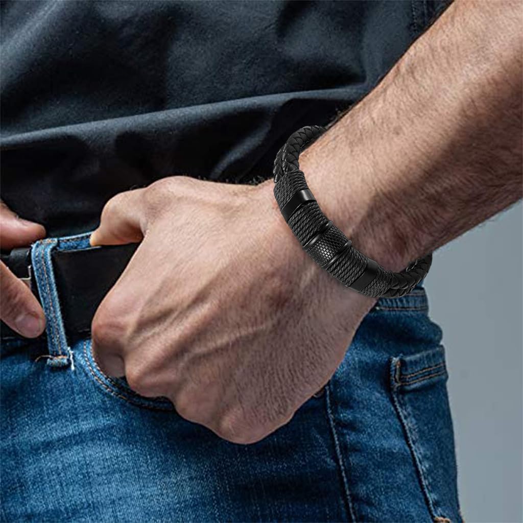 Zibuyu Bracelet for Men with Double Layer Leather and Sleek Metal Details | Gift for Husband