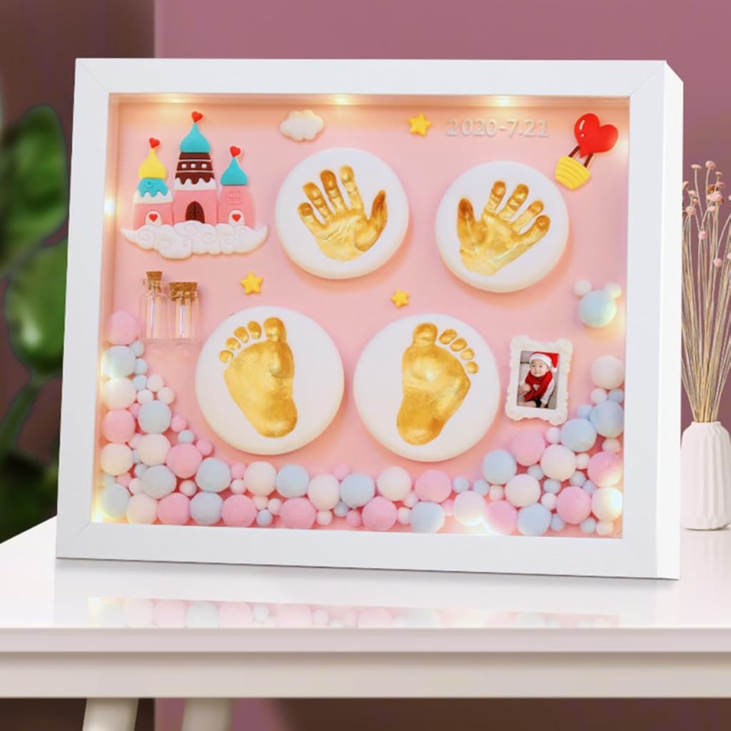 PATPAT® Baby Clay Footprint & Hand Print Kit Golden Paints with 12 Inches Photo Frame Accessories Newborn Handprint Footprint Shower Gift for Girls 2 PCS