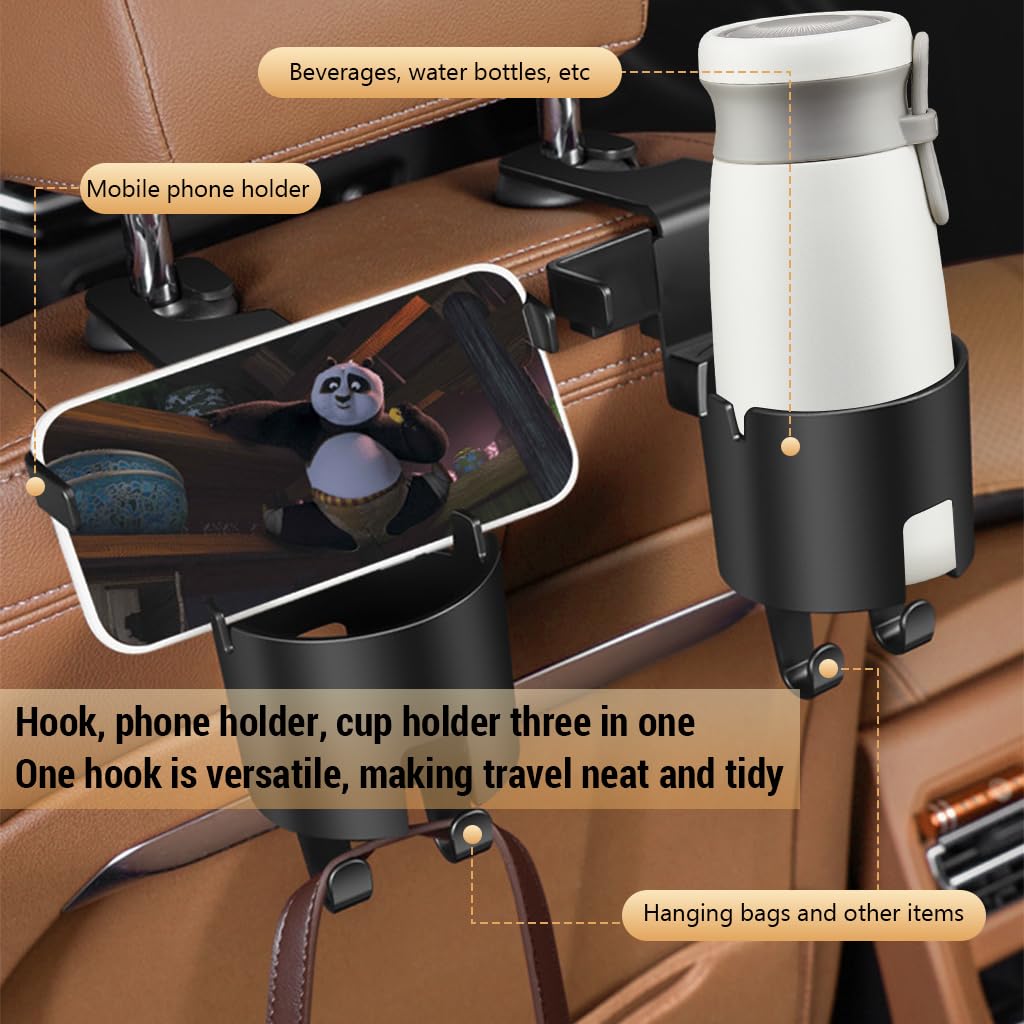 STHIRA Cup Holder for Car Headrest Posts with Dual Hooks and Phone Holder | 3 in 1 Backseat Organizer