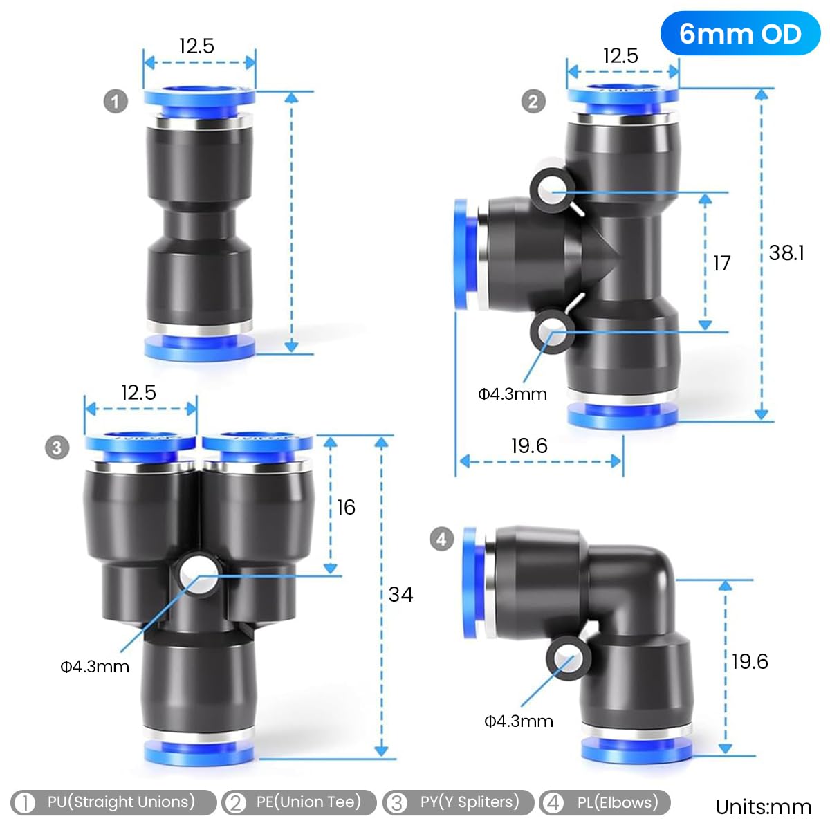 Serplex® 40 Pcs Quick Connect Air Hose Fittings 6mm Outer Diamerer, 4 Types, 10 Spliters, 10 Elbows, 10 Tee & 10 Straight Quick Release Fittings Kit Air Line Fittings for 6mm Tube