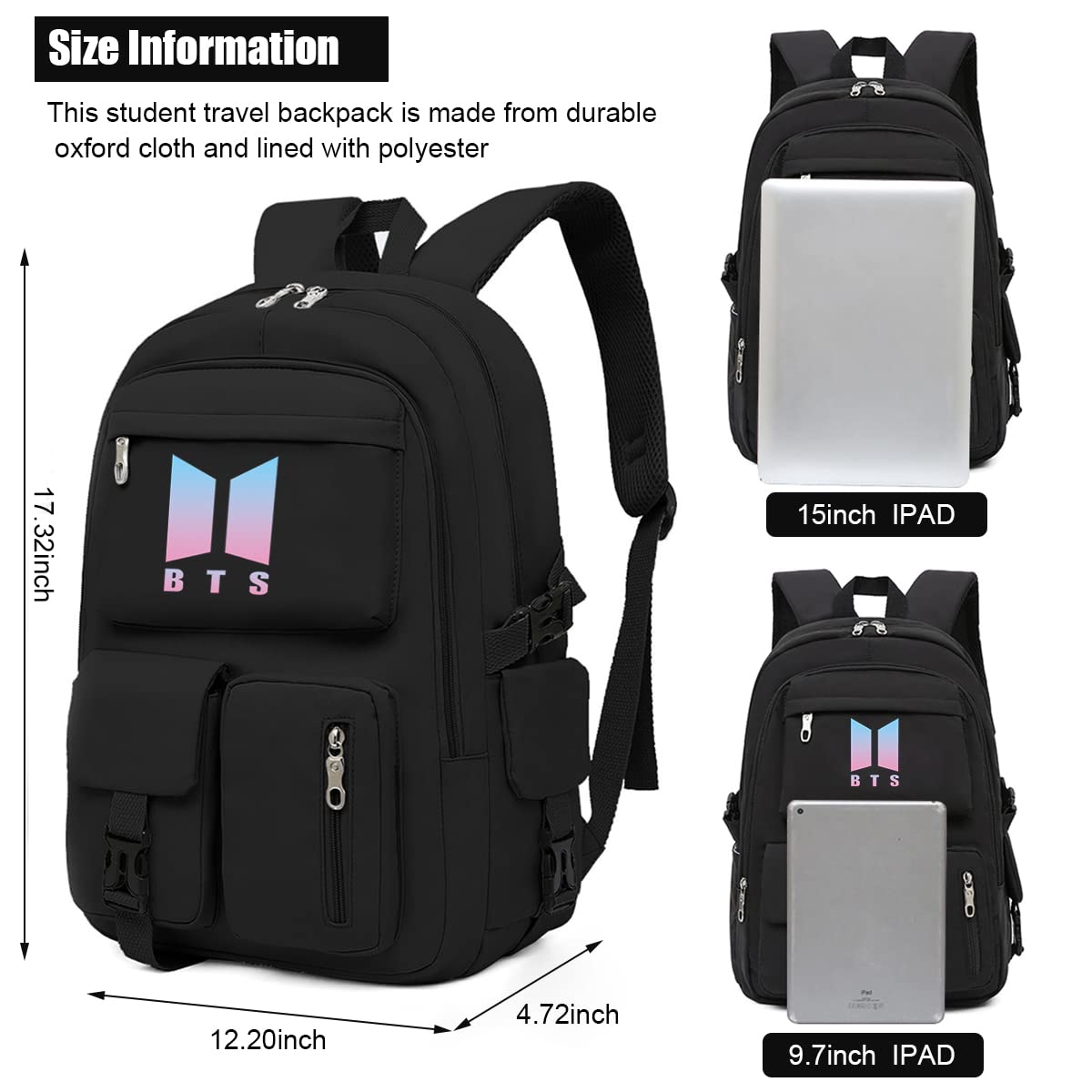 PALAY® BTS Bags for Girls School Bags Kpop BTS Bangtan Theme Prints Casual Backpack for Student Laptop Bag College School Bag for Boys