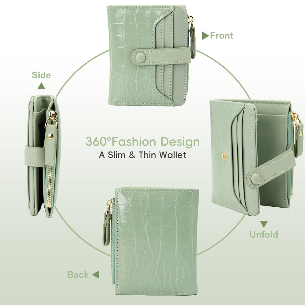 ZIBUYU Women Purse for Daily Use with 8 Card Slots & Snap Button Closure | Mint Green PU Wallet 11.5x9cm