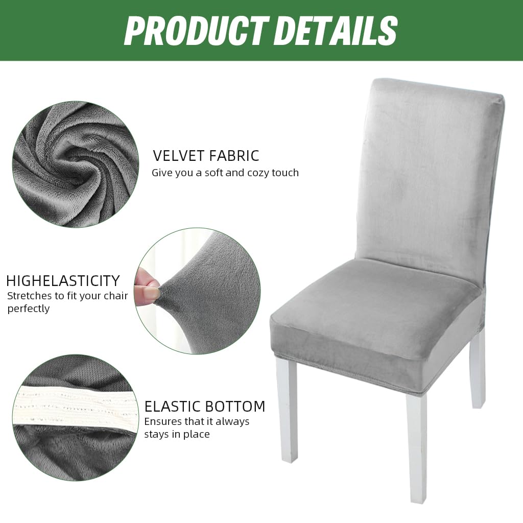 HASTHIP Dining Chair Covers for 14–18 in Seats with Non Slip Elastic Edge | Velvet Grey Set of 6