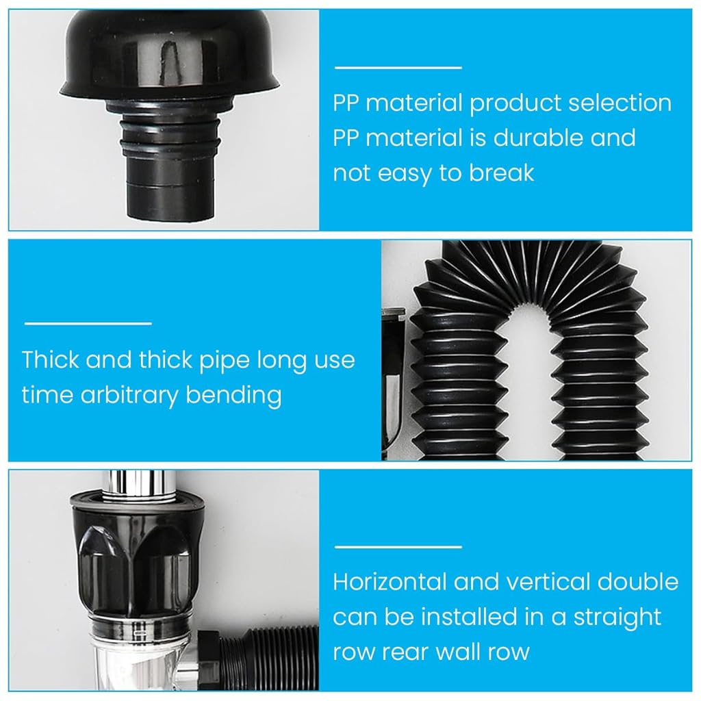HASTHIP® 2PCS Flexible Adjustable Plastic Sink Drain Kit, Anti-Odor & Anti-Clog Pop-Up P-Trap Pipe Set, Stainless Steel + ABS, Leak-Proof, Fits 3-4.5cm Hole, for Kitchen/Bathroom, Easy Install