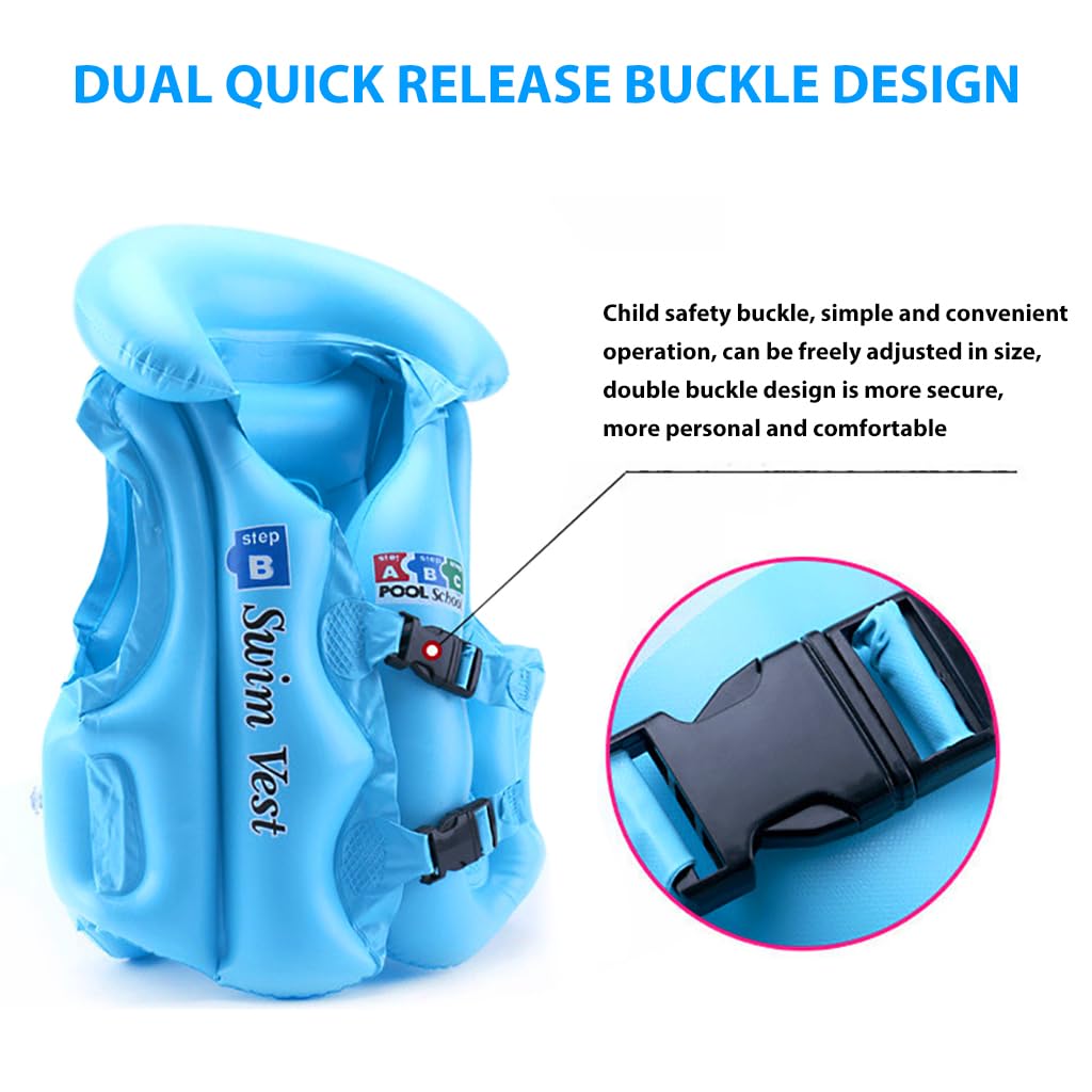 Optifit Swimming Vest for Kids 5–8 Years with Dual Buckles and Multiple Inflation Valves | Blue PVC Safety Float Jacket