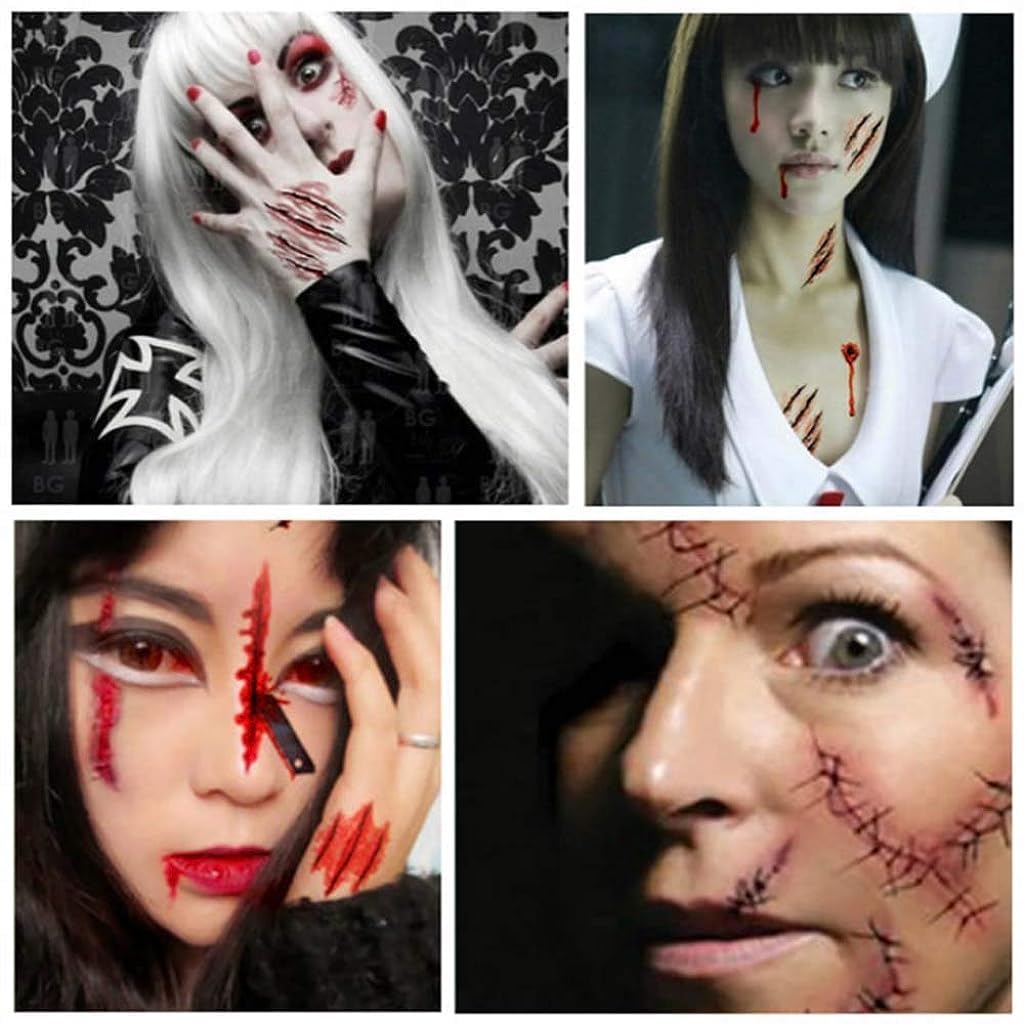 MAYCREATE Halloween Face Tattoo Stickers for Makeup and Theme Parties featuring 30 Sheets | Safe Waterproof Wound Designs
