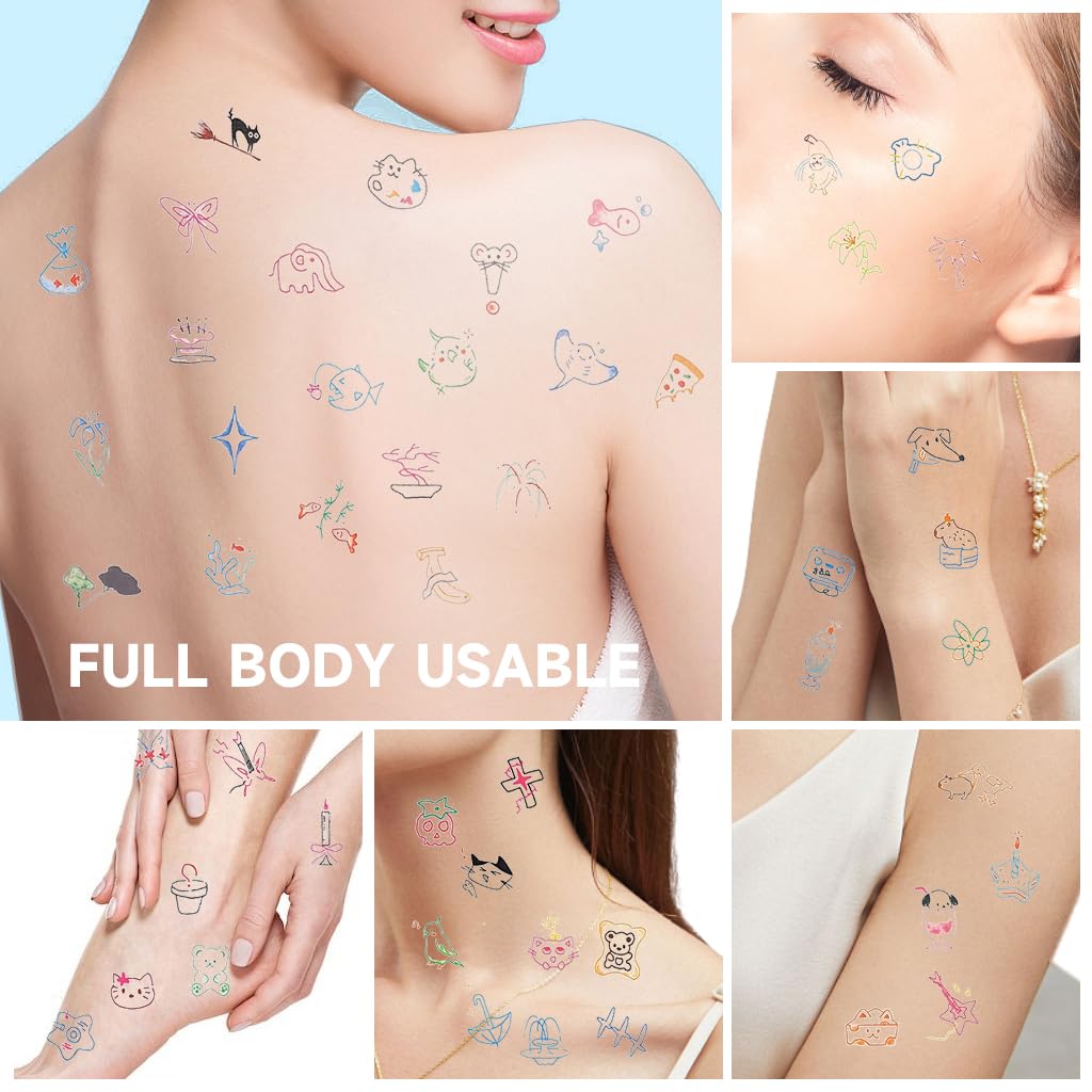 MAYCREATE Temporary Tattoo Stickers for Women and Girls with 8 Sheets Cute Kawaii Designs | Easy to Apply and Remove