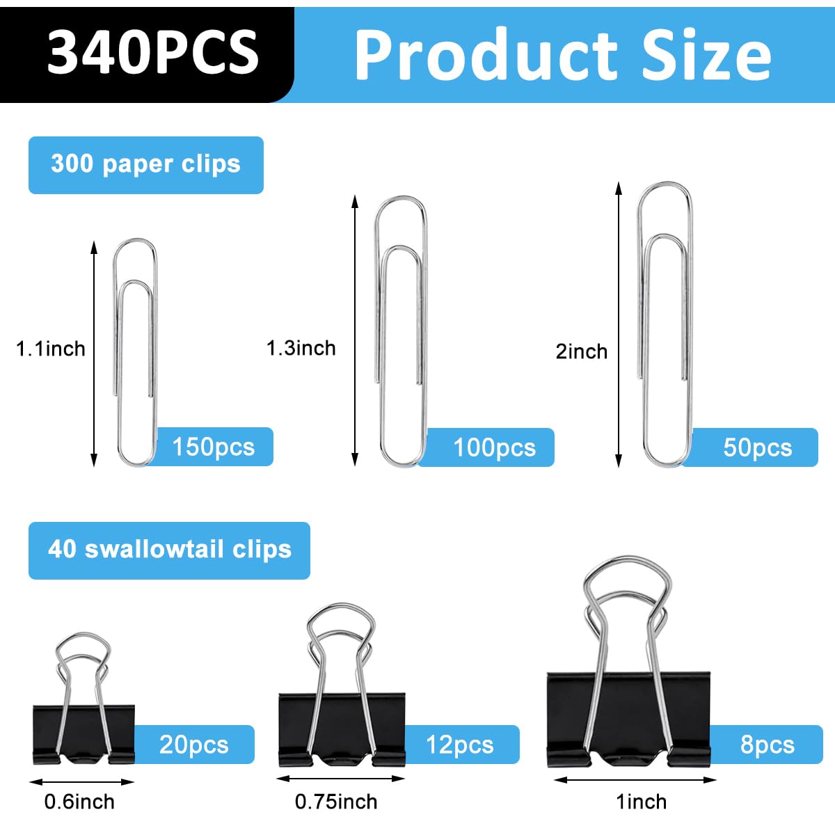 Climberty Binder Clips and Paper Clips Set for Office Organization with 340 pcs Metal Assortment | Includes Sizes 19–50mm in Storage Container