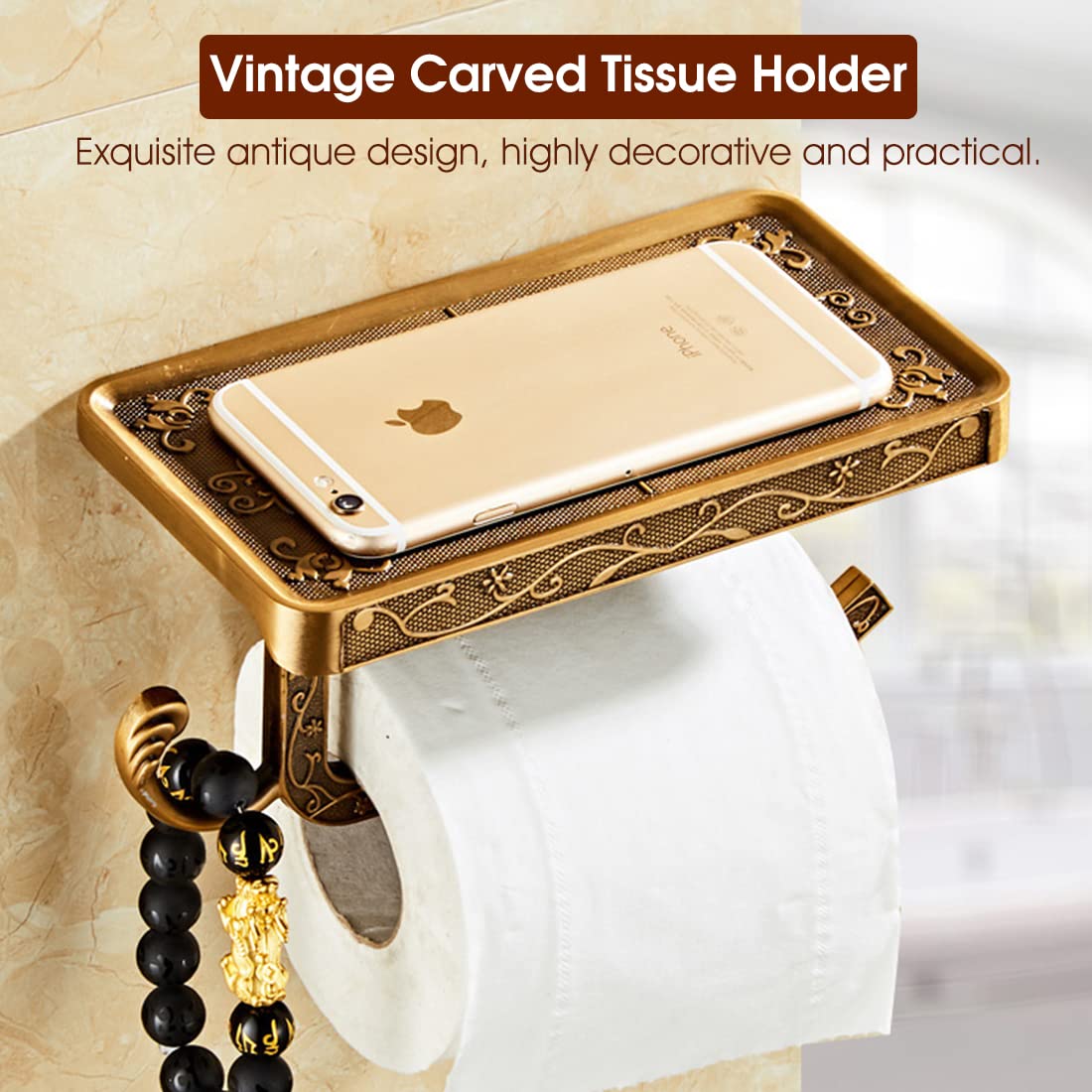 HASTHIP Toilet Paper Roll Holder for Bathroom with 7.29×3.94×3.75in Phone Shelf | Anti Rust Aluminum 3D Carving Design