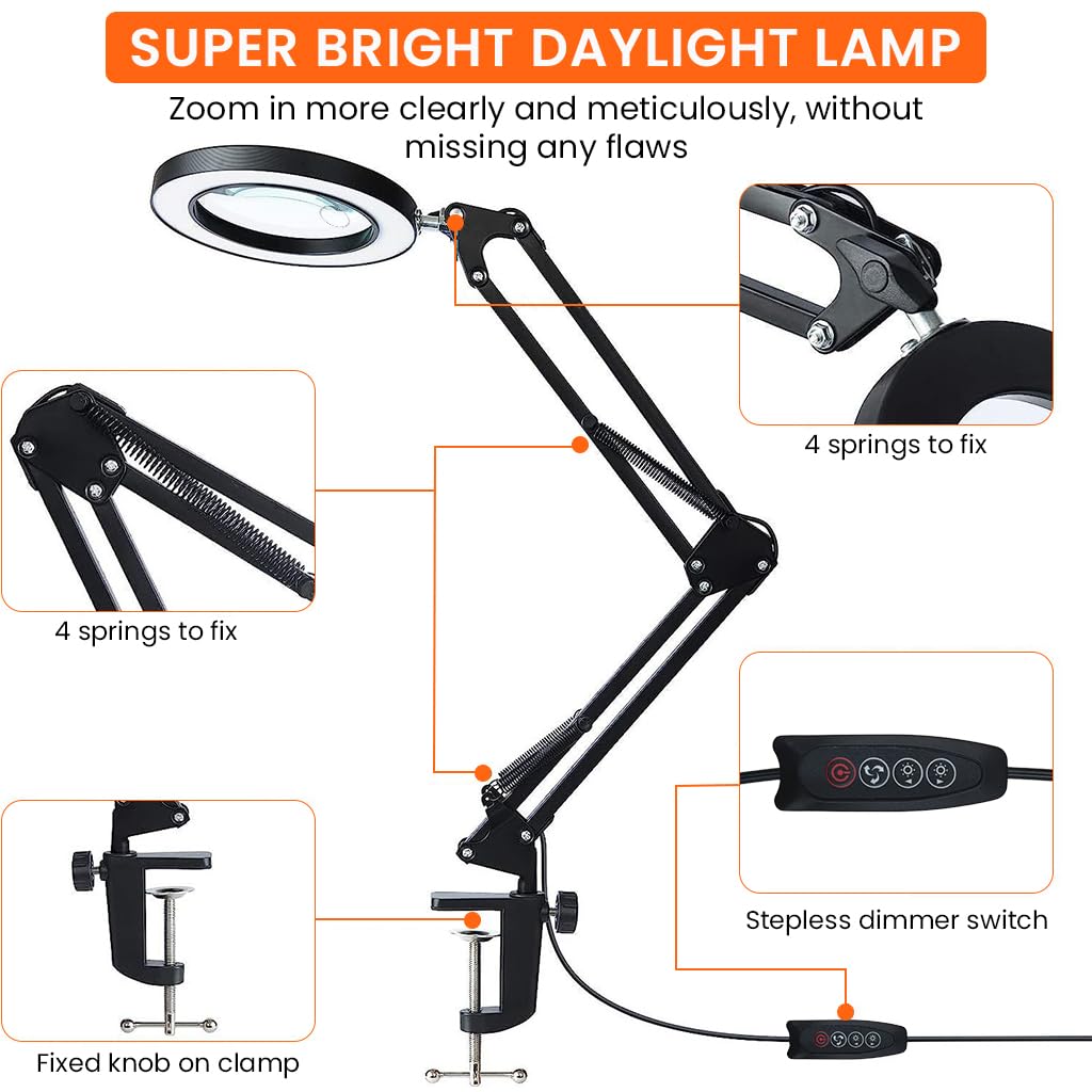 HASTHIP Desk LED Magnifier for Repairing and Reading with 15X Lens and Flexible Arm | USB 3‑Color Lighting