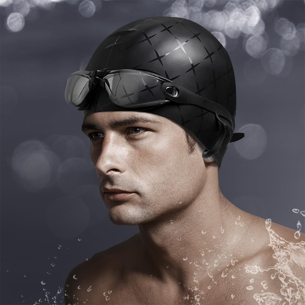 Optifit Adult Swim Goggles for Men and Women with Ear Plugs featuring Anti Fog Lens | Black