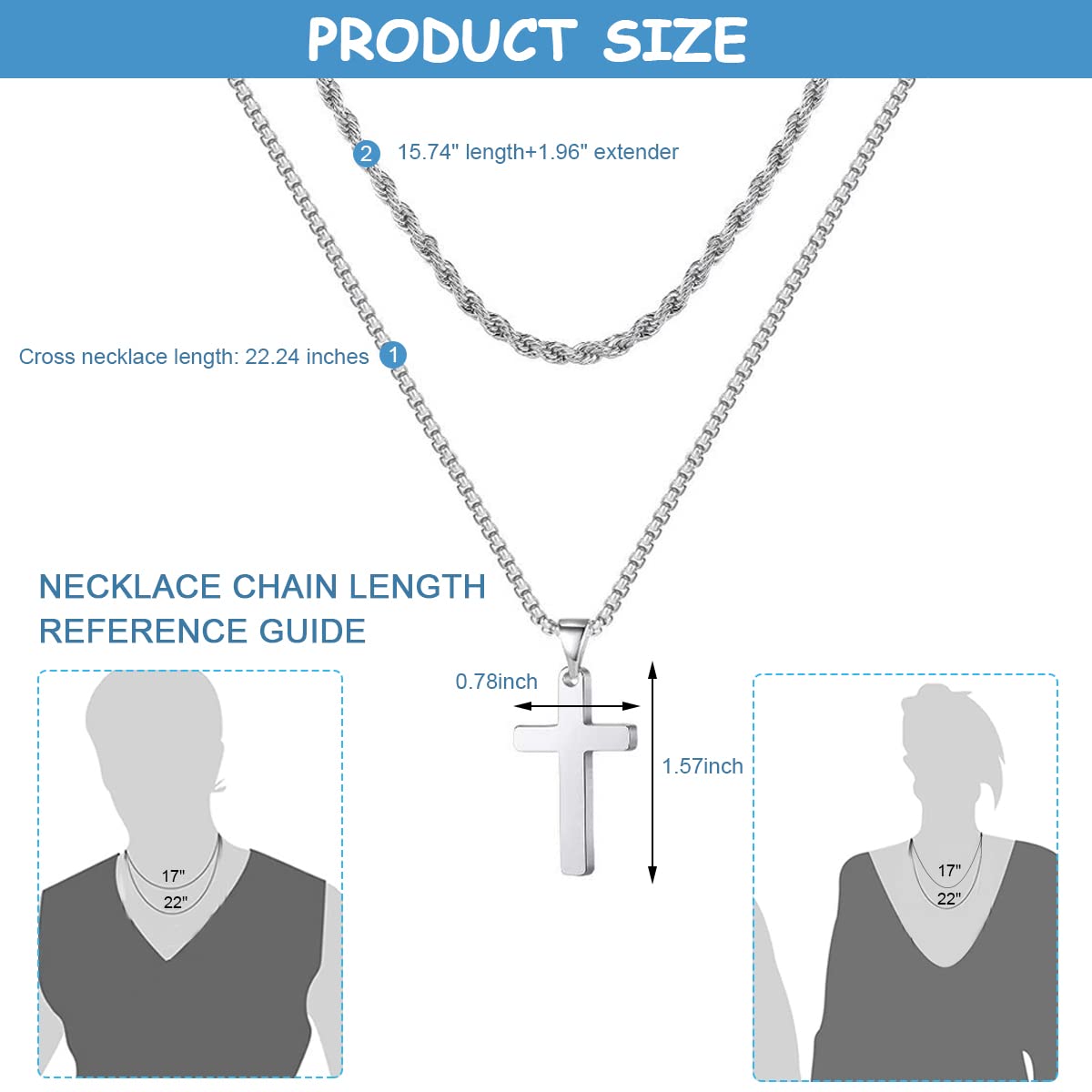 SANNIDHI 2Pcs Cross Necklaces Set Layered Chain Cross Pendant Necklace for Men Women Boys Girls, Classic Electroplated Titanium Steel Necklaces with Flannel Bag Jewelry Gifts (Silver)