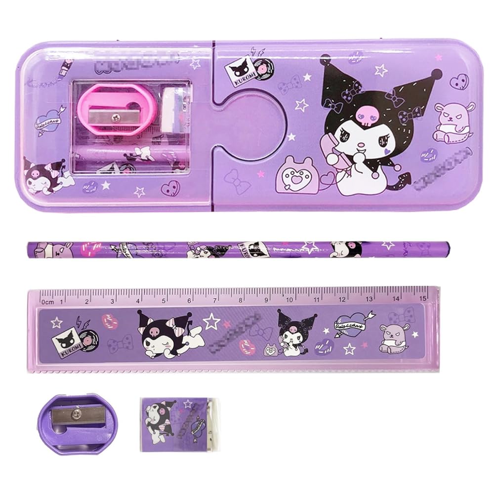Climberty Kuromi Cartoon Pencil Box for School with Sharpener & Eraser | 21x8x3 cm Double Layer Metal Purple Case