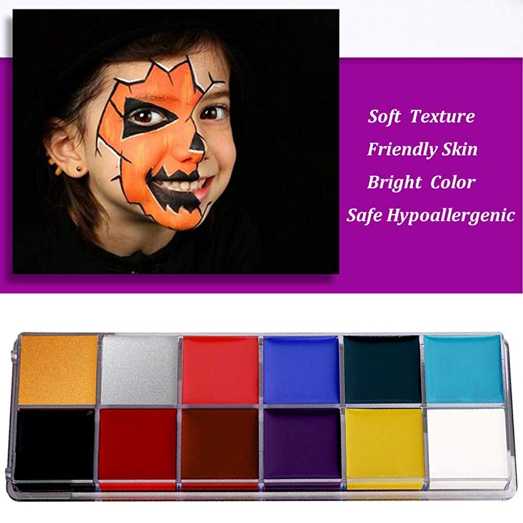 HASTHIP Face Body Paint Kit for Halloween and Cosplay with 12 Colors and 6 Brushes | Non Toxic Oil Based Makeup for Adults and Kids